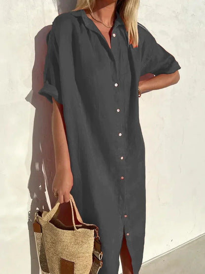 Robe élégante et décontractée femme à manches larges et boutons Robe coton et lin