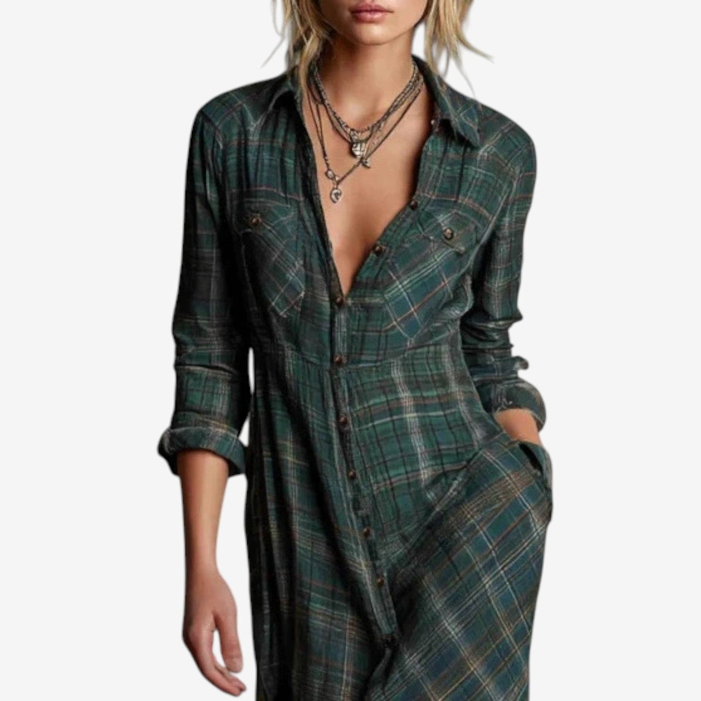 Robe Maxi Élegante à Carreaux Femme – Robe Chemise Décontractée avec Col