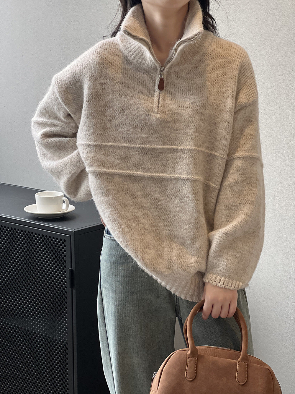 Pull femme doux à demi-zip et col montant – Casual et chaud