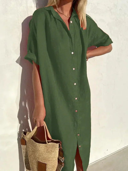 Robe élégante et décontractée femme à manches larges et boutons Robe coton et lin
