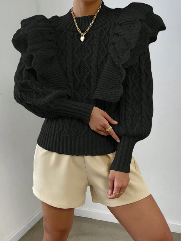 Pull élégant en maille torsadée à volants pour femme – Pull confortable à manches longues