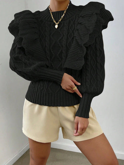Pull élégant en maille torsadée à volants pour femme – Pull confortable à manches longues