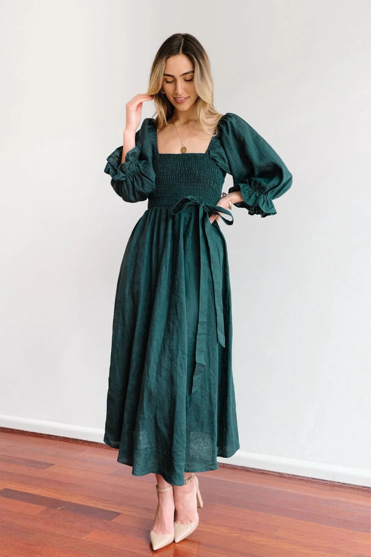 Robe longue femme à lien à la taille – Robe romantique élégante