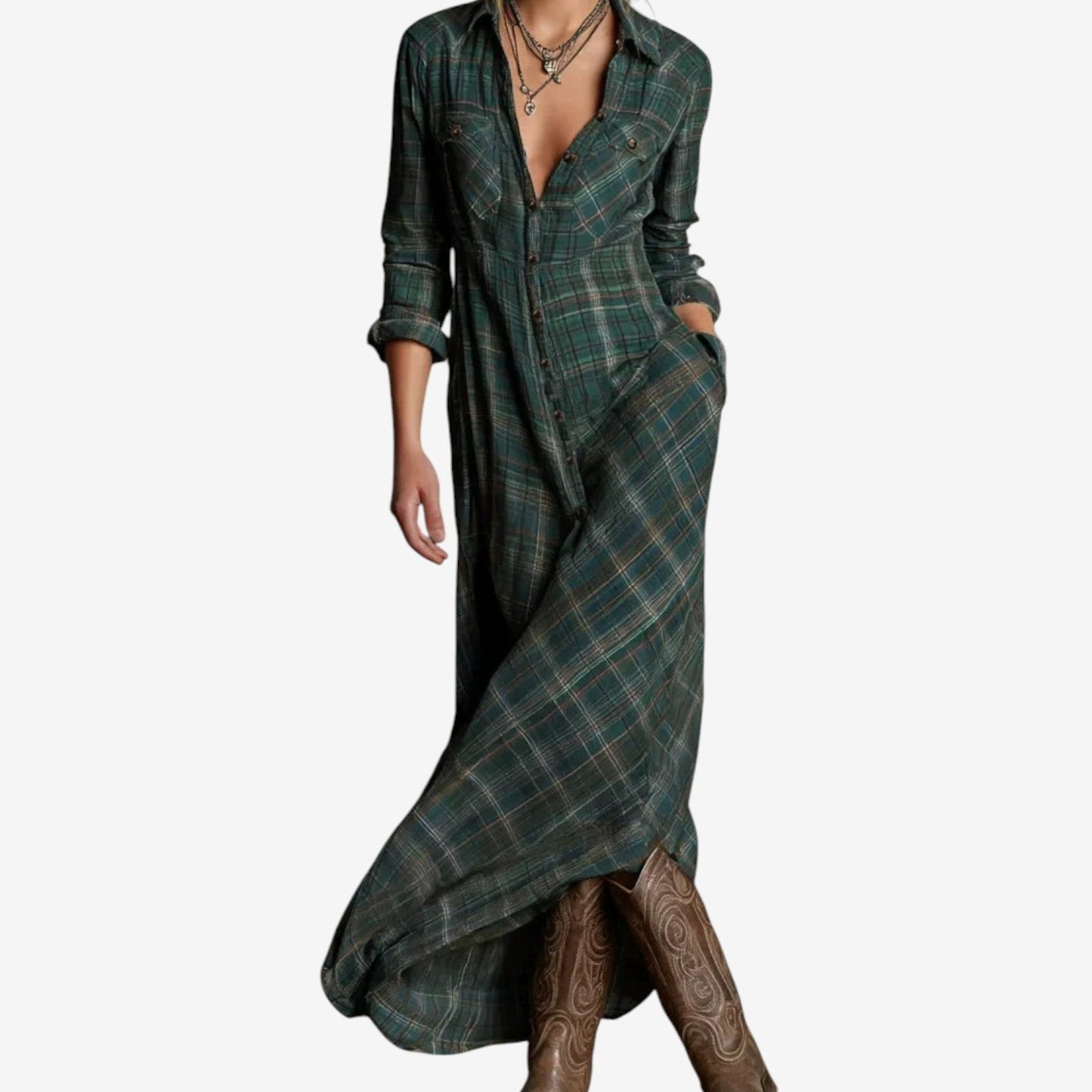Robe Maxi Élegante à Carreaux Femme – Robe Chemise Décontractée avec Col