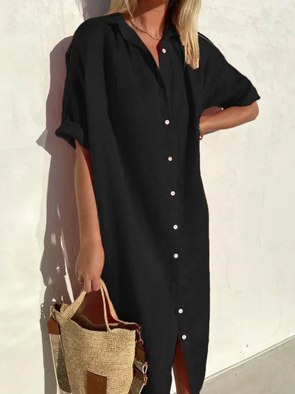 Robe élégante et décontractée femme à manches larges et boutons Robe coton et lin