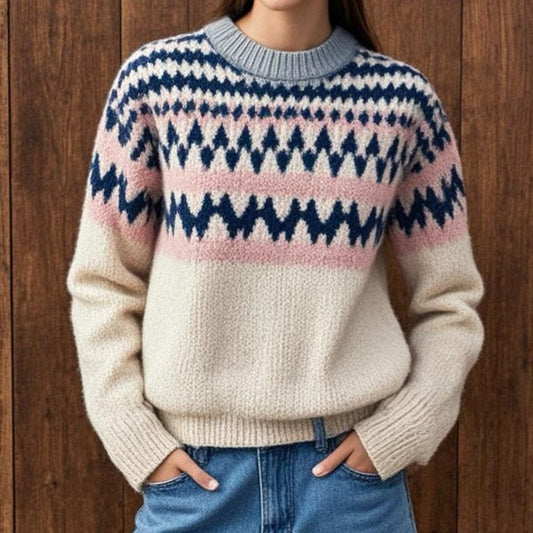 Pull élégant Fair Isle pour femme – Col rond confortable maille Tricots