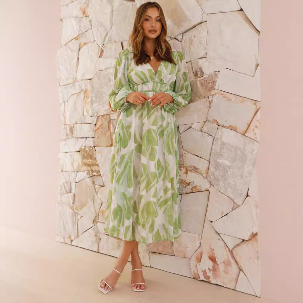 Robe Midi Élégante à Imprimé Feuilles Femme – Légère, Polyvalente, Féminine