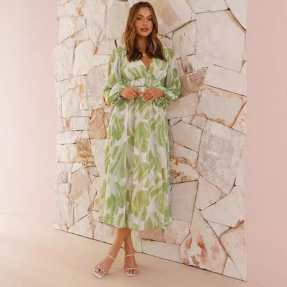 Robe Midi Élégante à Imprimé Feuilles Femme – Légère, Polyvalente, Féminine