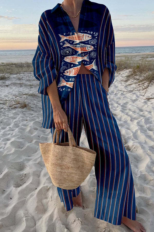 Two-Piece Linen Set for Women – Long-Sleeved Shirt with Blue Koi Print and Wide Trousers