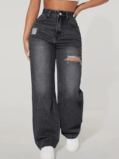 Jean Femme Taille Haute à Jambe Droite et Déchiré – Pantalon Décontracté à la Mode