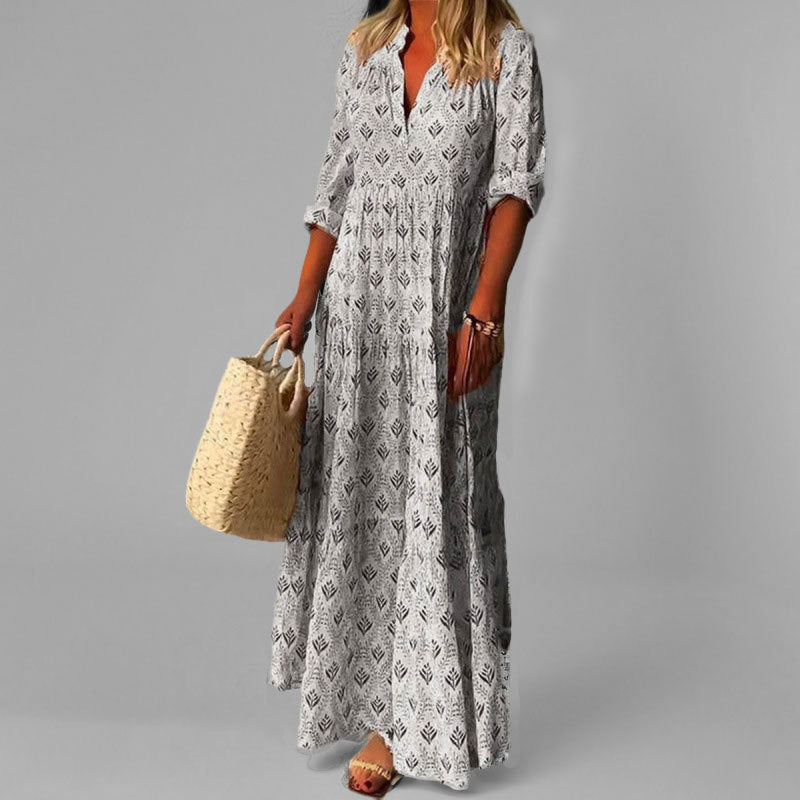 Robe maxi bohème à col en V – Tissu léger et manches 3/4