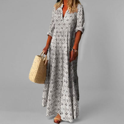 Robe maxi bohème à col en V – Tissu léger et manches 3/4