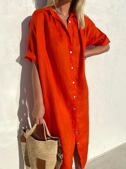 Robe élégante et décontractée femme à manches larges et boutons Robe coton et lin