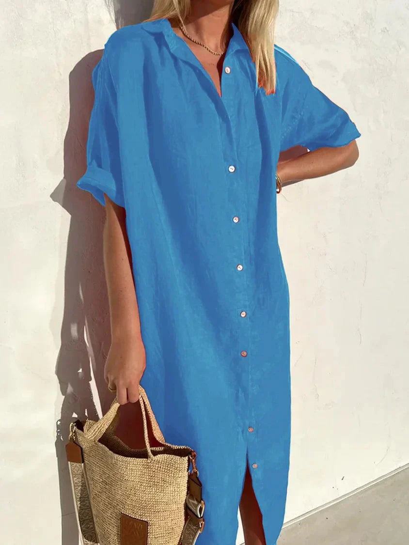 Robe élégante et décontractée femme à manches larges et boutons Robe coton et lin