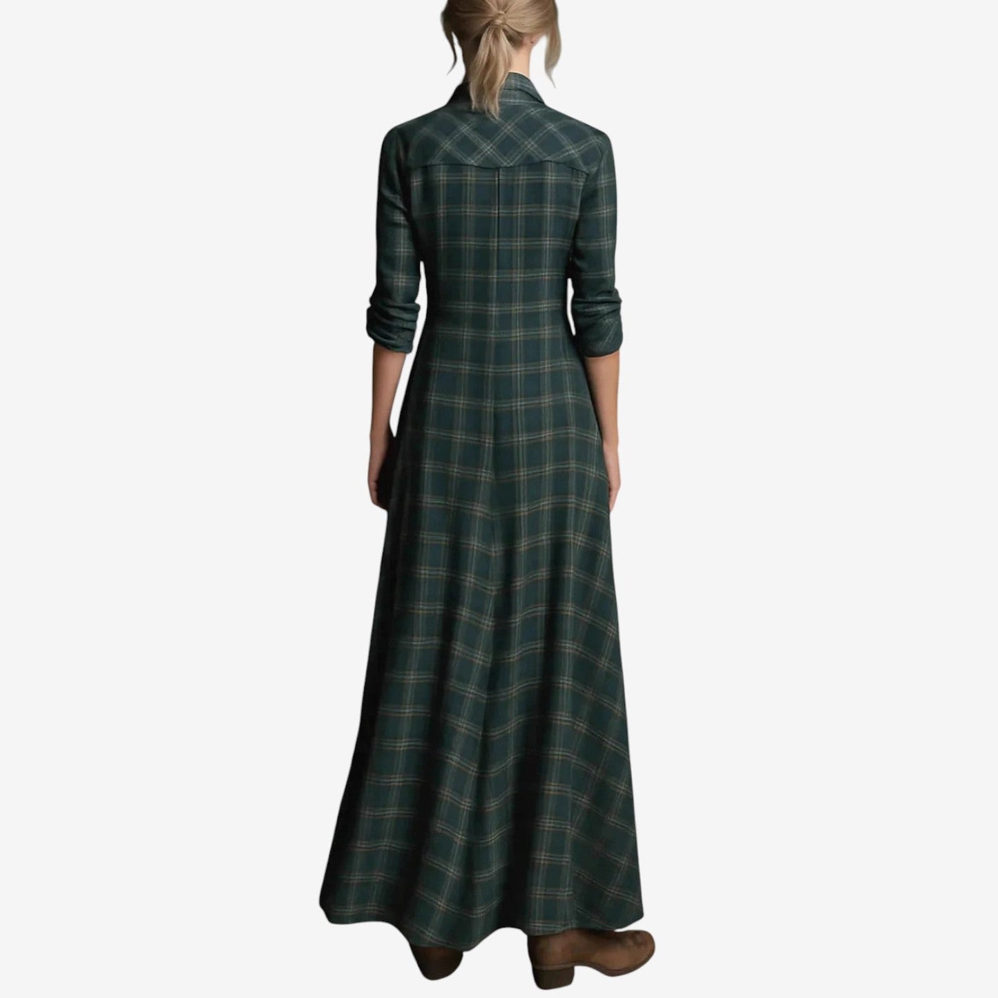 Robe Maxi Élegante à Carreaux Femme – Robe Chemise Décontractée avec Col