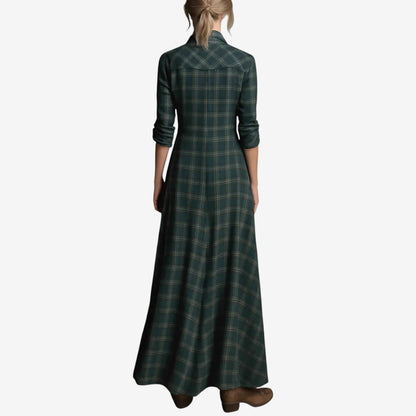 Robe Maxi Élegante à Carreaux Femme – Robe Chemise Décontractée avec Col