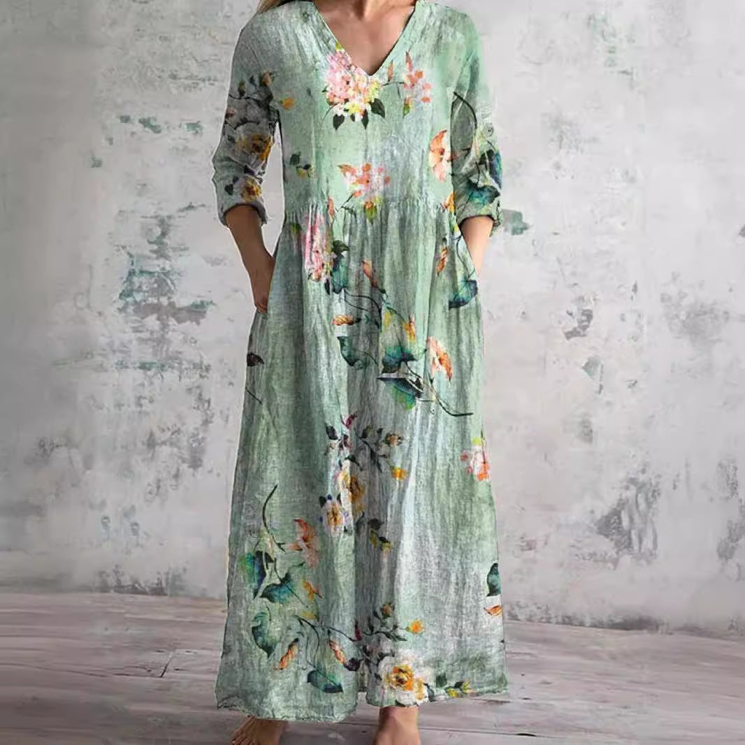 Robe Maxi Fleurie d’Été à Col V pour Femme – Style Boho Longue Robe