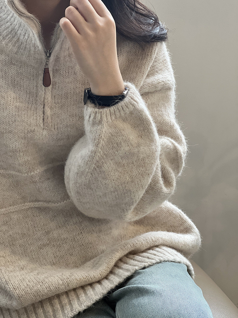 Pull femme doux à demi-zip et col montant – Casual et chaud