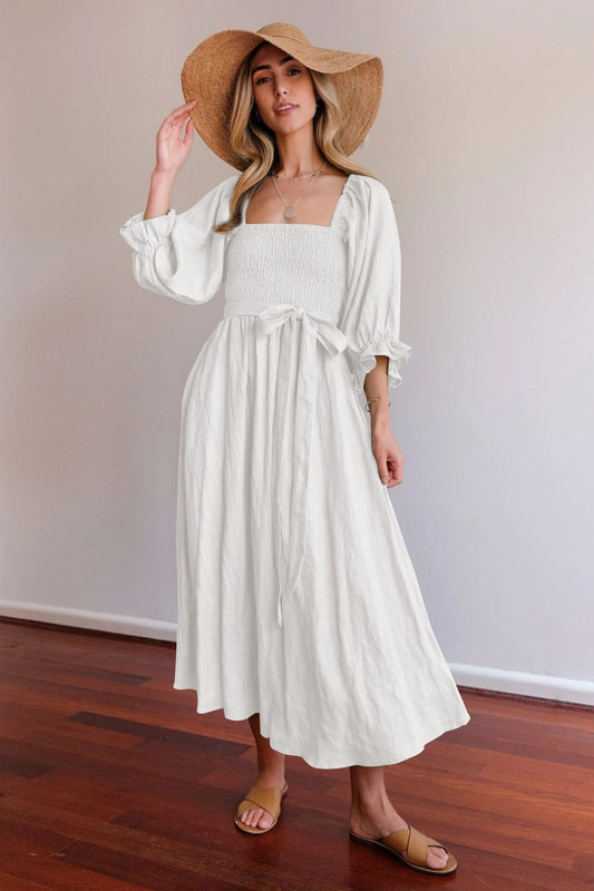 Robe longue femme à lien à la taille – Robe romantique élégante