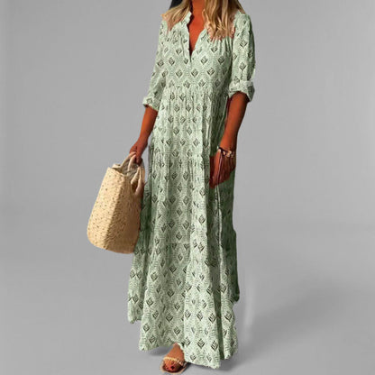 Robe maxi bohème à col en V – Tissu léger et manches 3/4