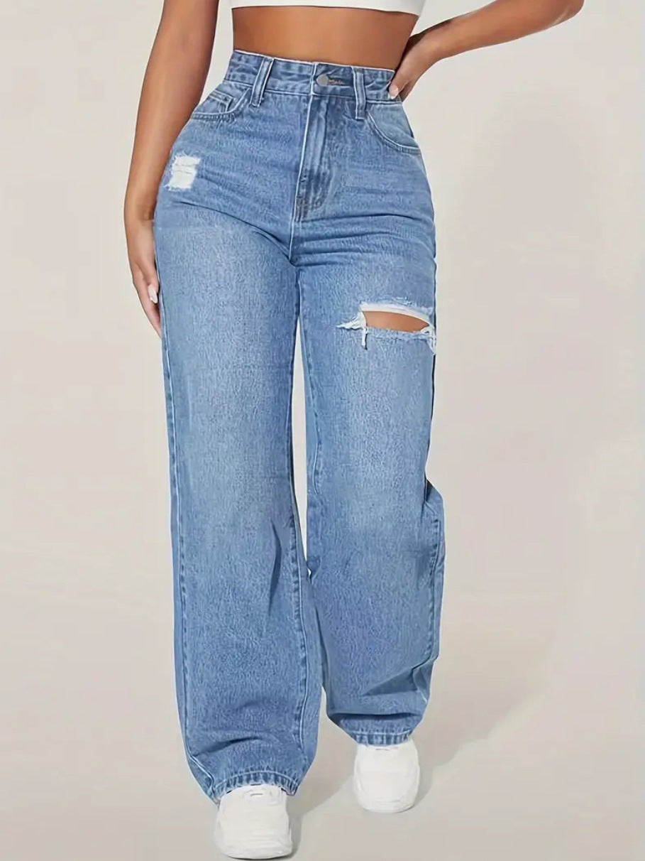 Jean Femme Taille Haute à Jambe Droite et Déchiré – Pantalon Décontracté à la Mode