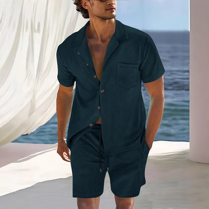 Ensemble aspect lin pour homme | Chemise manches courtes & short | Coordonné naturel prêt pour la plage