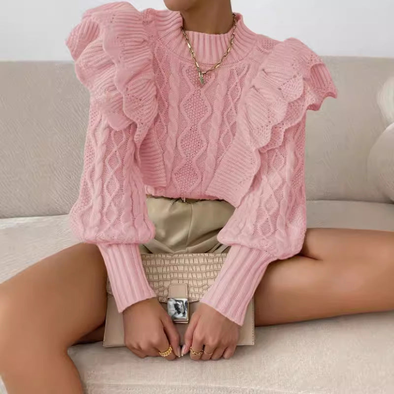 Pull élégant en maille torsadée à volants pour femme – Pull confortable à manches longues