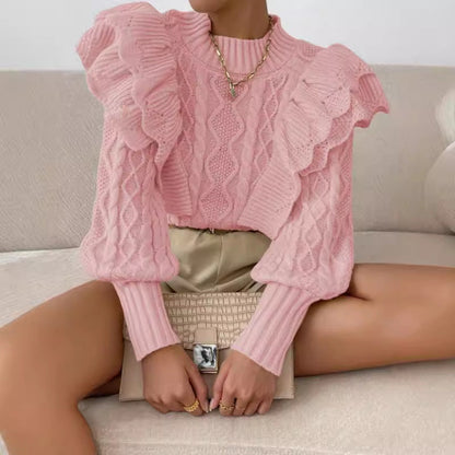 Pull élégant en maille torsadée à volants pour femme – Pull confortable à manches longues