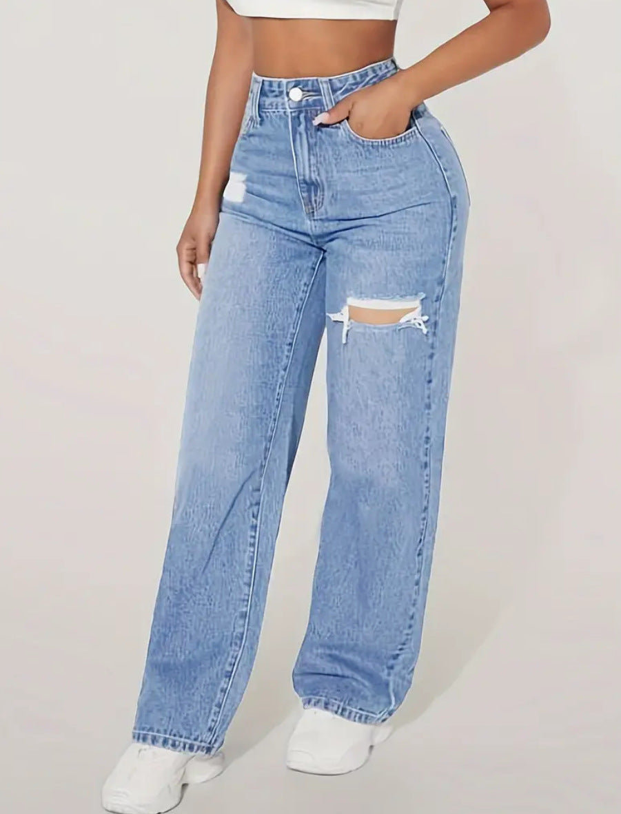 Jean Femme Taille Haute à Jambe Droite et Déchiré – Pantalon Décontracté à la Mode