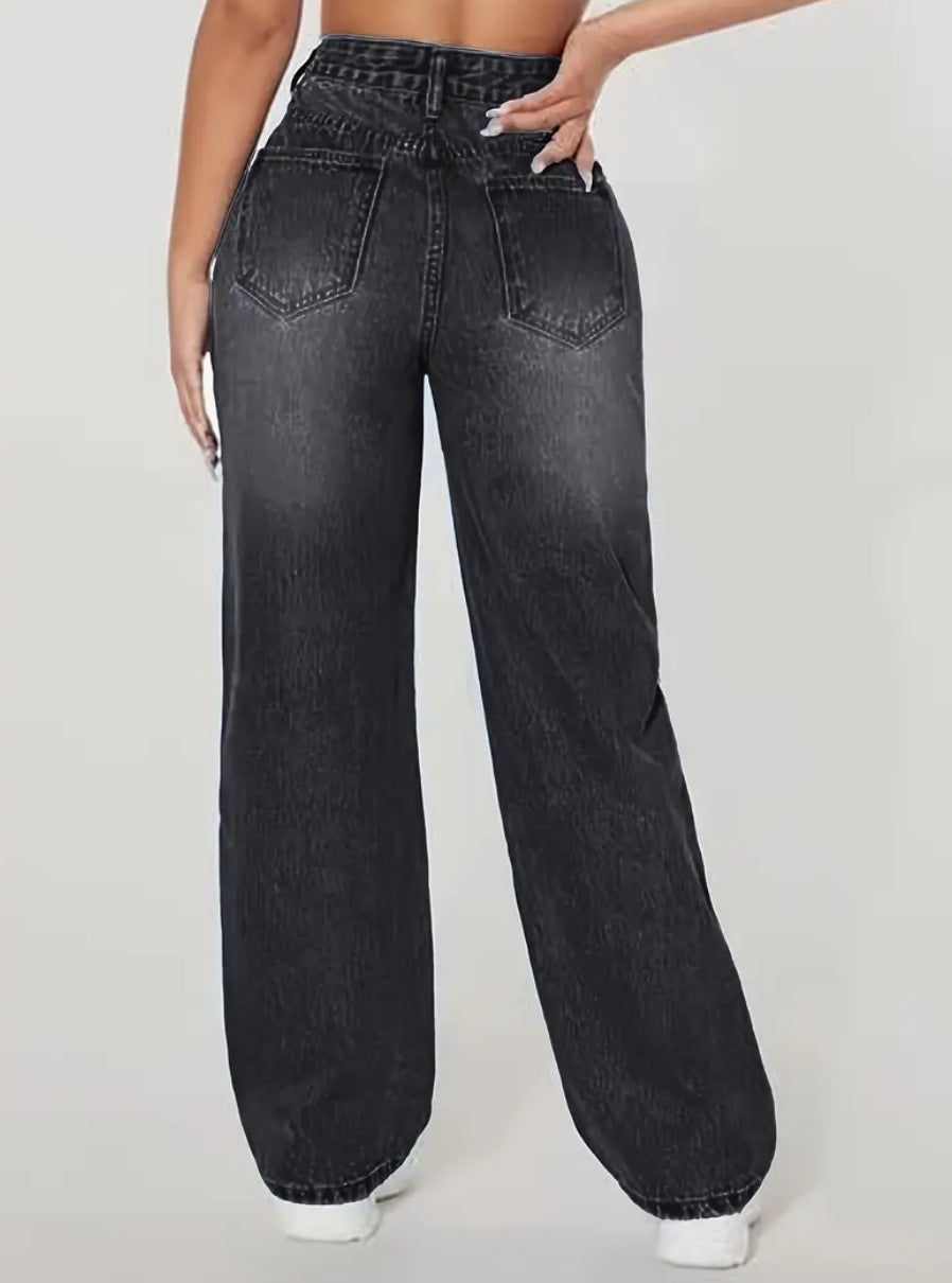 Jean Femme Taille Haute à Jambe Droite et Déchiré – Pantalon Décontracté à la Mode