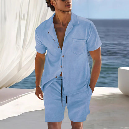 Ensemble aspect lin pour homme | Chemise manches courtes & short | Coordonné naturel prêt pour la plage