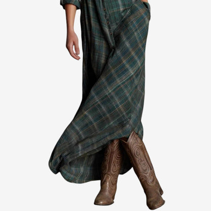 Robe Maxi Élegante à Carreaux Femme – Robe Chemise Décontractée avec Col