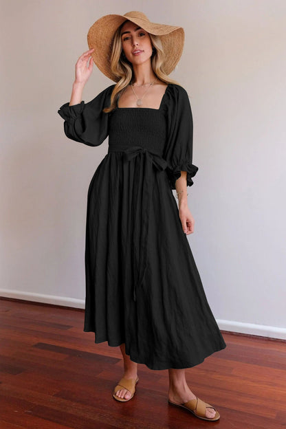 Robe longue femme à lien à la taille – Robe romantique élégante