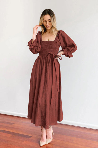 Robe longue femme à lien à la taille – Robe romantique élégante