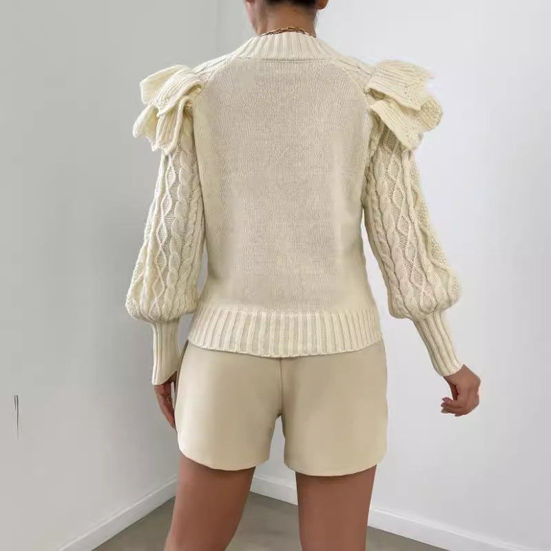 Pull élégant en maille torsadée à volants pour femme – Pull confortable à manches longues