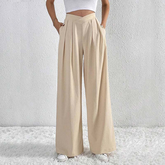 Pantalon large beige léger élégant femmes – Confortable, taille haute