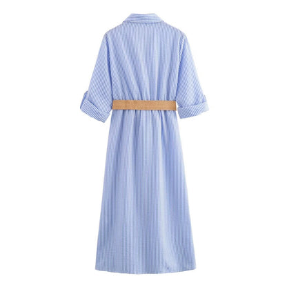 Robe Chemise Rayée à Poches Femme – Mélange de Coton Léger, Élégante