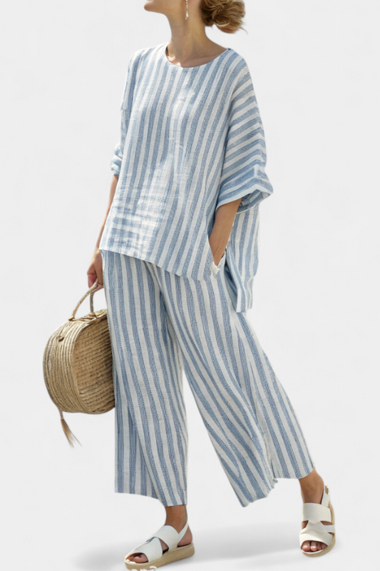Women's striped blue linen set – Lightweight top and casual pants