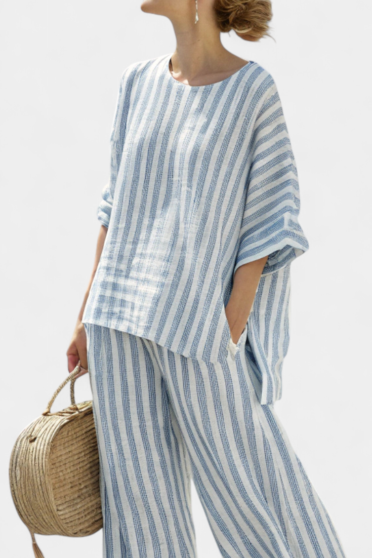Women's blue striped linen set - Light top and loose pants