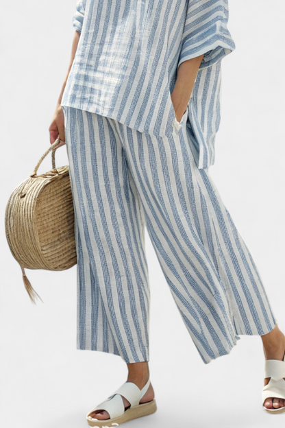 Ensemble femme en lin rayé bleu – Haut léger et pantalon décontracté