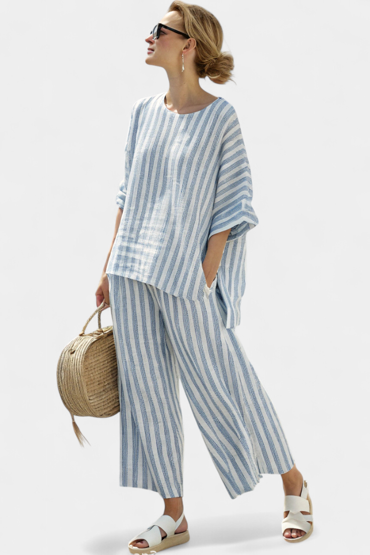 Women's blue striped linen set - Light top and loose pants