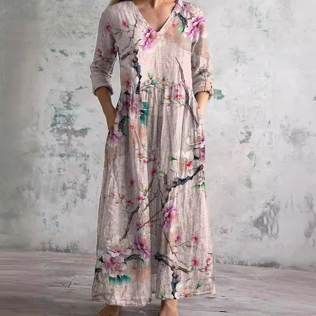 Robe Maxi Fleurie d’Été à Col V pour Femme – Style Boho Longue Robe