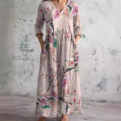 Robe Maxi Fleurie d’Été à Col V pour Femme – Style Boho Longue Robe