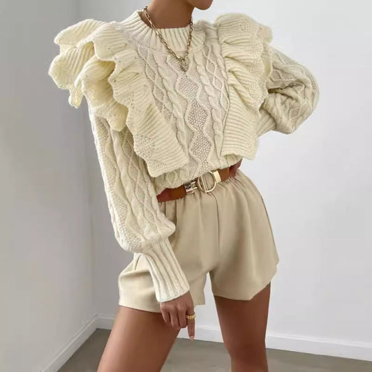 Pull élégant en maille torsadée à volants pour femme – Pull confortable à manches longues