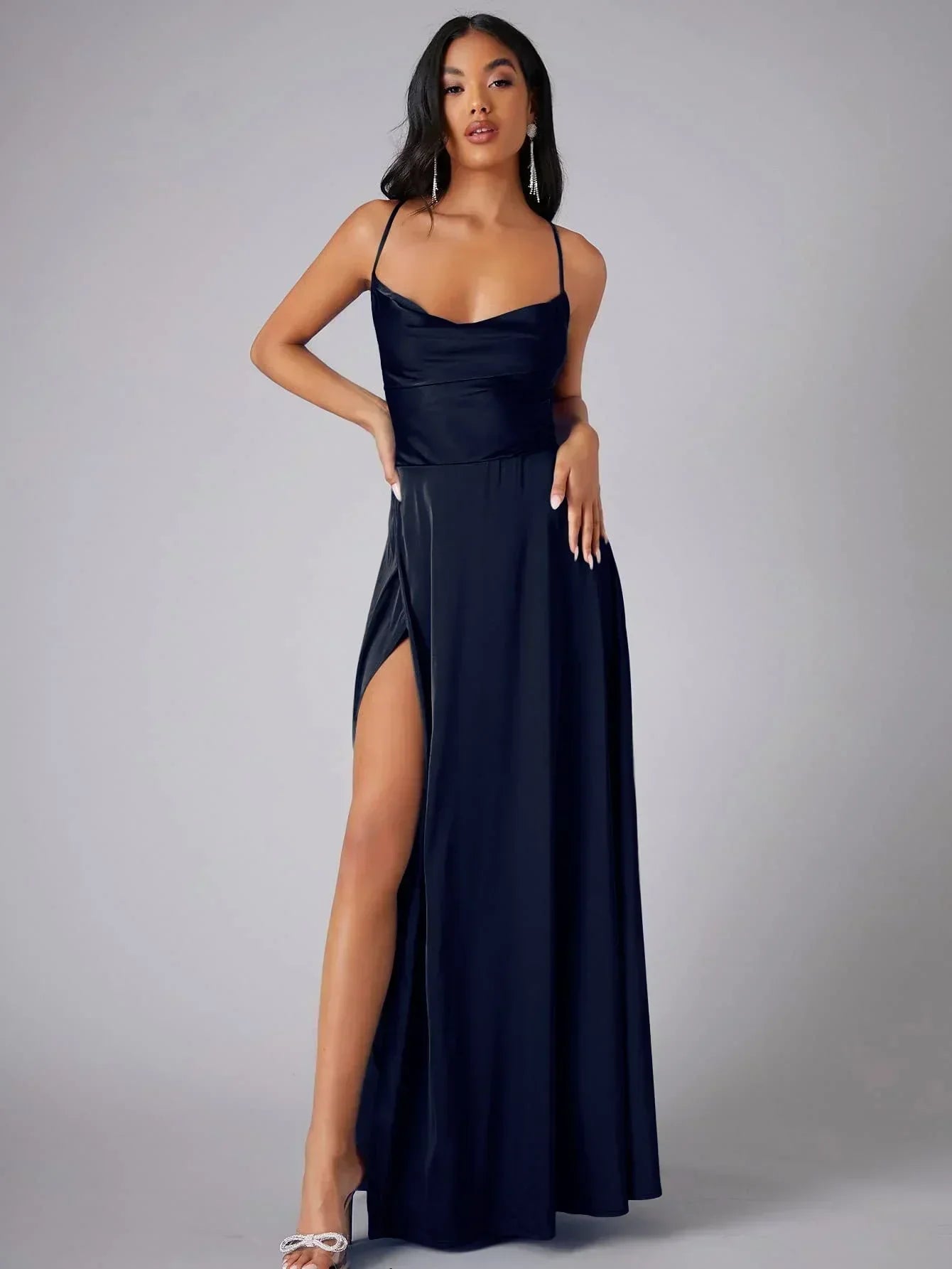 Women's Satin Evening Dress with Open Back and Slit - Elegant and Glamorous