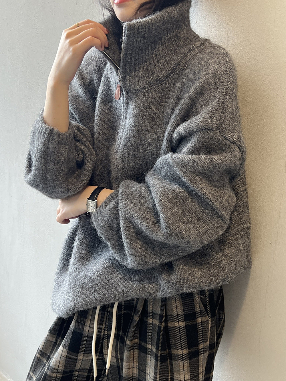 Pull femme doux à demi-zip et col montant – Casual et chaud