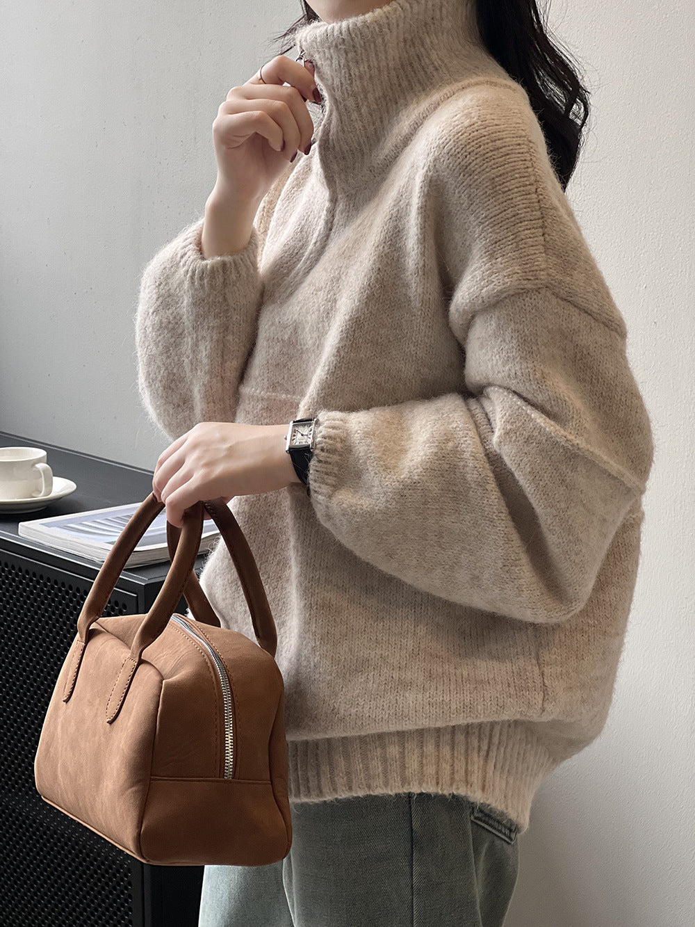 Pull femme doux à demi-zip et col montant – Casual et chaud
