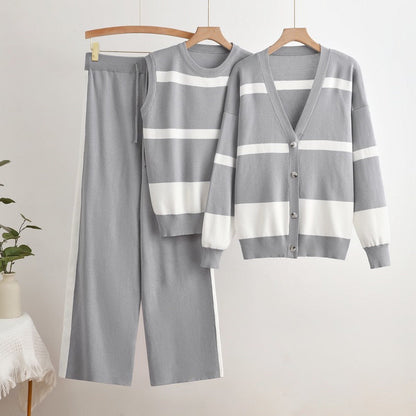 Ensemble tricoté 3 pièces pour femme – Gilet rayé débardeur et pantalon élégant