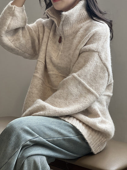 Pull femme doux à demi-zip et col montant – Casual et chaud