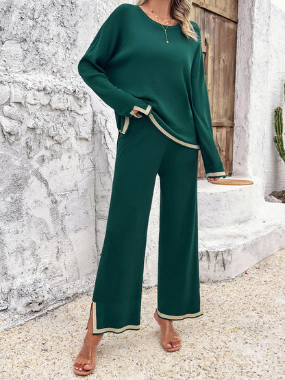 Ensemble Femme Tricoté Élégant Deux Pièces – Haut Col Rond et Pantalon Large